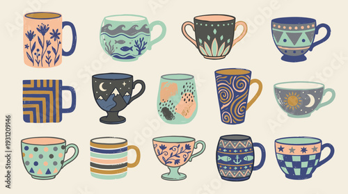 Collection of various decorative ceramic mugs and tea cups with colorful hand drawn patterns on neutral background, concept for kitchenware catalog, interior decoration and cafe branding