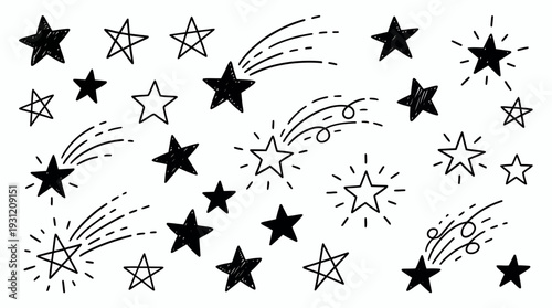 Collection of hand drawn black doodle stars and shooting stars with sparkle trails on white background, concept for creative graphic design, children book illustration and celestial decoration