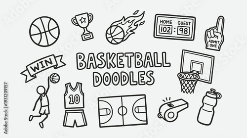 Hand drawn basketball doodles set including ball trophy hoop jersey and whistle on white background, concept for sports graphic design, athletic merchandise and school project illustration