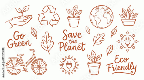 Set of hand drawn eco friendly icons featuring plants, recycle symbol, earth globe and bicycle with lettering, concept for environmental awareness, sustainable lifestyle and ecology campaign