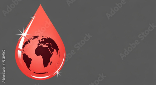 Conceptual graphic of a red blood drop encasing a world globe, symbolizing global health awareness, humanitarian aid, vital life, and the interconnectedness of humanity