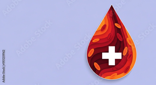 World Hemophilia Day Stylized layered illustration of a blood drop with a white plus sign, symbolizing medical support, donation, and life-saving health initiatives and wellbeing