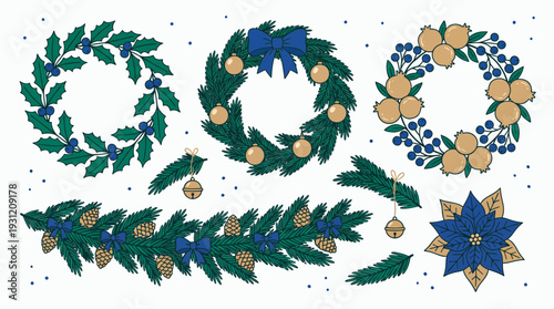 Set of hand drawn Christmas wreaths, pine garlands, blue poinsettia and winter foliage elements on white, concept for festive greeting cards, holiday marketing and seasonal digital designs