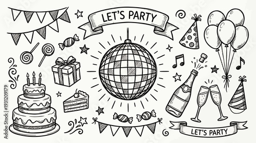 Hand drawn sketch set of party celebration elements including disco ball cake balloons champagne and gift box, concept for event invitation, nightlife marketing and birthday decoration