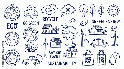 Hand drawn sustainability icons set with earth recycling symbols solar houses wind turbines and electric cars line art, concept for eco education green marketing and environmental awareness