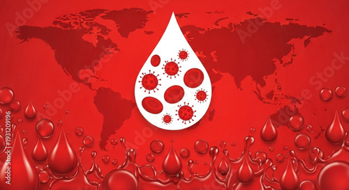 World Hemophilia Day Global health awareness graphic featuring a blood drop containing viral cells and red blood cells, set against a world map, emphasizing universal medical challenges