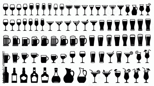 Large collection of alcohol and beverage glassware silhouette icons including wine glasses beer mugs and cocktail bottles, concept for bar menu design restaurant signage and drinks catalog