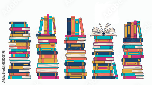 Illustration of various colorful hand drawn book stacks with one open book on top against a white background, concept for educational literature, library archives and academic learning resources