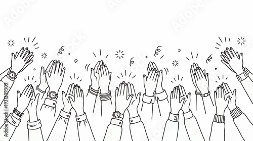 Row of business people hands clapping in professional line art style with confetti and celebration elements, concept for corporate achievement, marketing celebration and success recognition
