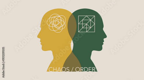 Two head silhouettes of professional business executives with tangled and geometric shapes depicting chaos and order, concept for leadership training, business management and mental health