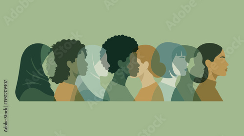 Profiles of diverse professional businesswomen with various cultural backgrounds in flat illustration style, concept for corporate diversity, female leadership and global workforce inclusion