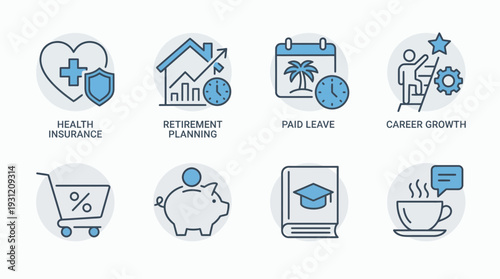 Employee benefit icons set featuring health insurance retirement planning paid leave and career growth on white background, concept for human resources, corporate perks and financial planning