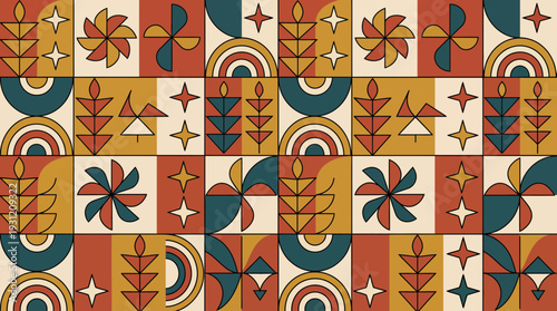 Abstract geometric mosaic pattern with retro botanical leaves stars and minimalist shapes in earth tone colors, concept for textile design, wallpaper backdrop and interior branding