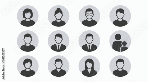 Set of flat profile avatar icons featuring diverse male and female office administrators and executive managers, concept for corporate recruitment, human resources and team management