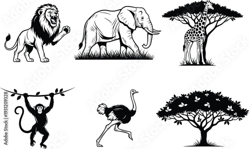 Black and white African safari animal vector set, featuring lion, elephant, giraffe, monkey, ostrich and acacia trees, isolated wildlife silhouette collection