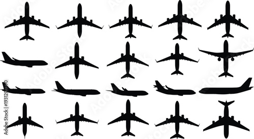 Airplane silhouettes collection showing multiple aircraft models, diverse aviation vector icons with top and side views for design and educational use