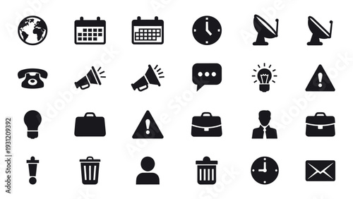 A collection of 25 black and white icons on a white background isolated on white background, Vector