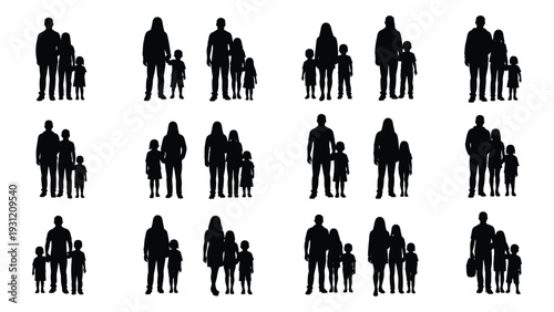 A collection of silhouettes of people and children in various poses isolated on white background, Vector