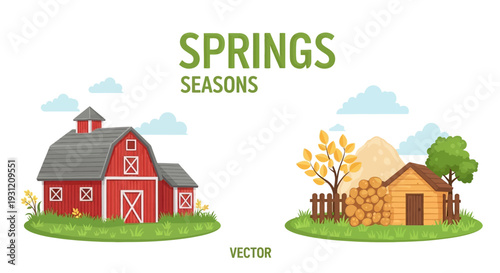 Charming rural landscape with red barn and cozy log cabin