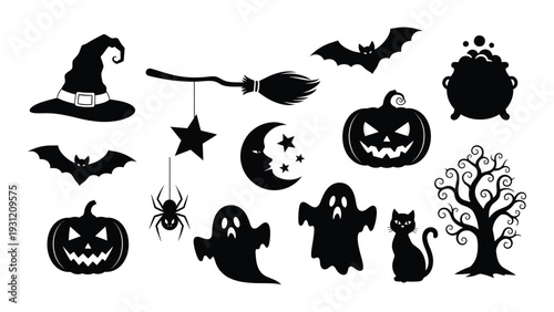 Halloween icons including pumpkins and bats isolated on white background, Vector