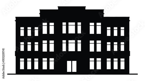 A black silhouette of a large building with many windows isolated on white background, Vector