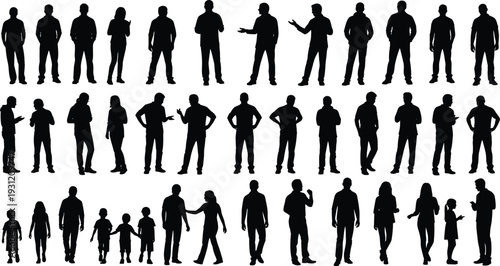 Human silhouettes diverse figures, walking postures, family groups, social gestures, abstract vector illustration, black design elements, interaction art, demographic representation