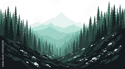 Flat Vector Illustration of a Misty Pine Forest and Mountain Peaks.