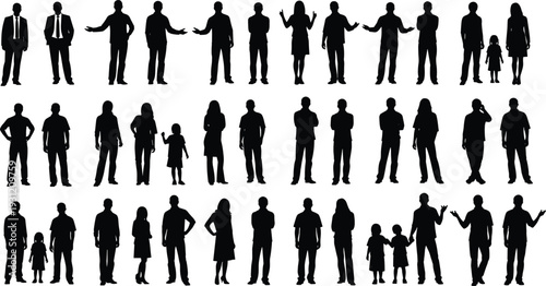 Human silhouettes diverse figures, standing postures, family groups, children gestures, abstract vector illustration, black design elements, social interaction art, demographic diversity
