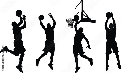 Basketball player silhouettes jumping, shooting, dunking, dynamic sports vector illustration, athletic motion, hoop action, competitive game, energetic basketball art design