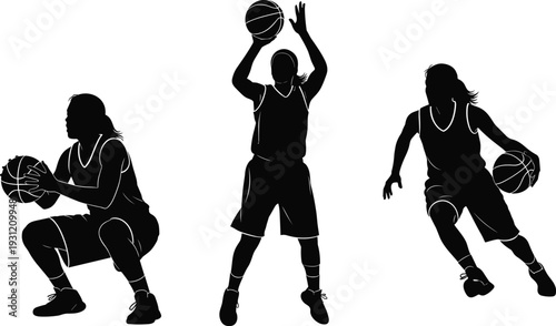 Basketball silhouettes players, dynamic ball actions, dribbling postures, shooting gestures, athletic movements, abstract vector illustration, black design elements, sports training art