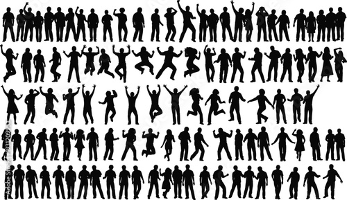 Human silhouettes in diverse poses, standing, walking, jumping, dancing, gesturing, expressive vector illustration, dynamic motion, creative design elements, artistic profile graphics