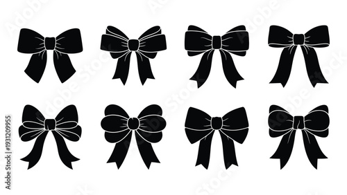 A collection of black bows with decorative details isolated on white background, Vector