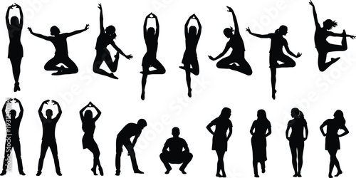 Human silhouettes in dynamic and static poses, expressive vector figures showing dance, movement, posture, standing, squatting, leaning illustration