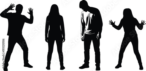 Human silhouettes in expressive poses vector illustration, diverse posture icons, emotional gesture artwork, standing figures design, dynamic body language art