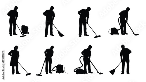 Silhouette of people cleaning with various tools isolated on white background, Vector