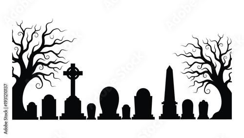 A black silhouette of a graveyard with trees isolated on white background, Vector