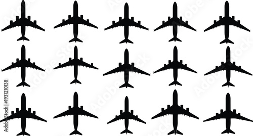 Black airplane silhouettes in grid formation with subtle differences in design, engines, and structure for aviation pattern recognition vector illustration