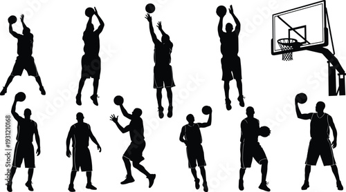 Black silhouette illustration of basketball players in dynamic action poses, dribbling, shooting, passing, jumping, hoop and net athletic design