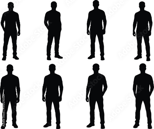 Black silhouette illustration of eight standing male figures, posture variation, subtle limb positioning differences, human body language study design