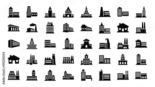 A collection of black and white icons depicting various industrial buildings and structures isolated on white background, Vector