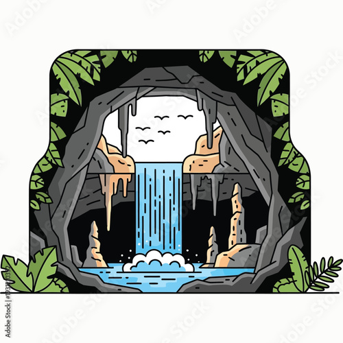 Cave interior with waterfall stalactites and stalagmites lush green foliage birds flying