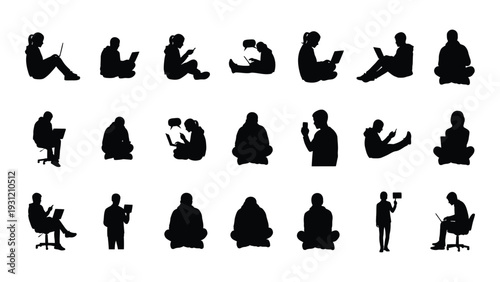 A collection of black silhouette icons depicting people in various sitting and standing poses isolated on white background, Vector