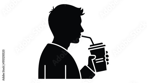A man drinking from a cup with a straw isolated on white background, Vector