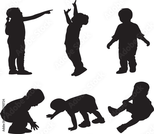 Silhouettes of children performing various physical activities and exercises