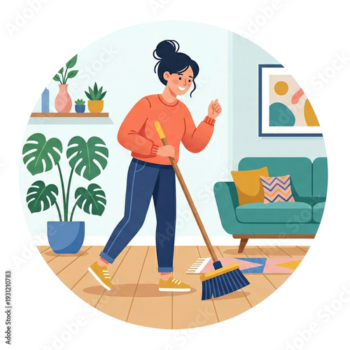A smiling worker holding a shovel and a broom stands ready for home cleaning and housework in this vector illustration