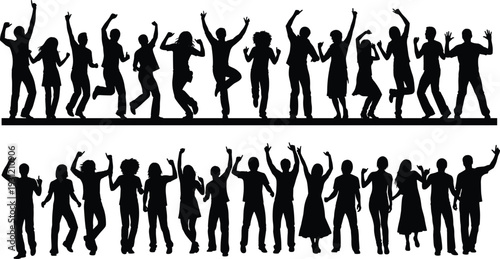 Black silhouette illustration of people dancing and celebrating, diverse energetic poses, joyful unity, expressive movement, human body language design