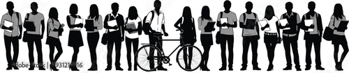 Black silhouette illustration of seventeen diverse individuals, students with books and bags, medical professional with bicycle, identity variation design