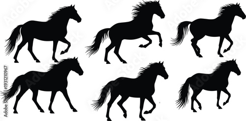 Black silhouette illustration of six horses in running and trotting poses, dynamic motion, animal locomotion, equestrian gait study design