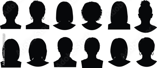 Black silhouette illustration of twelve human head profiles, diverse hairstyles and accessories, individuality, identity variation, demographic representation design