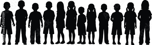 Black silhouette illustration of twelve children standing in row, diverse hairstyles, group identity, demographic representation, childhood diversity design